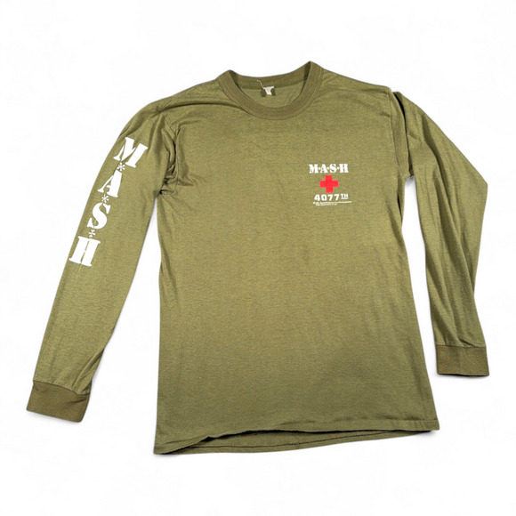 Vintage MASH Shirt Adult SMALL Green 4077th Army TV Show Promo Fox Film USA 80s - Picture 1 of 7